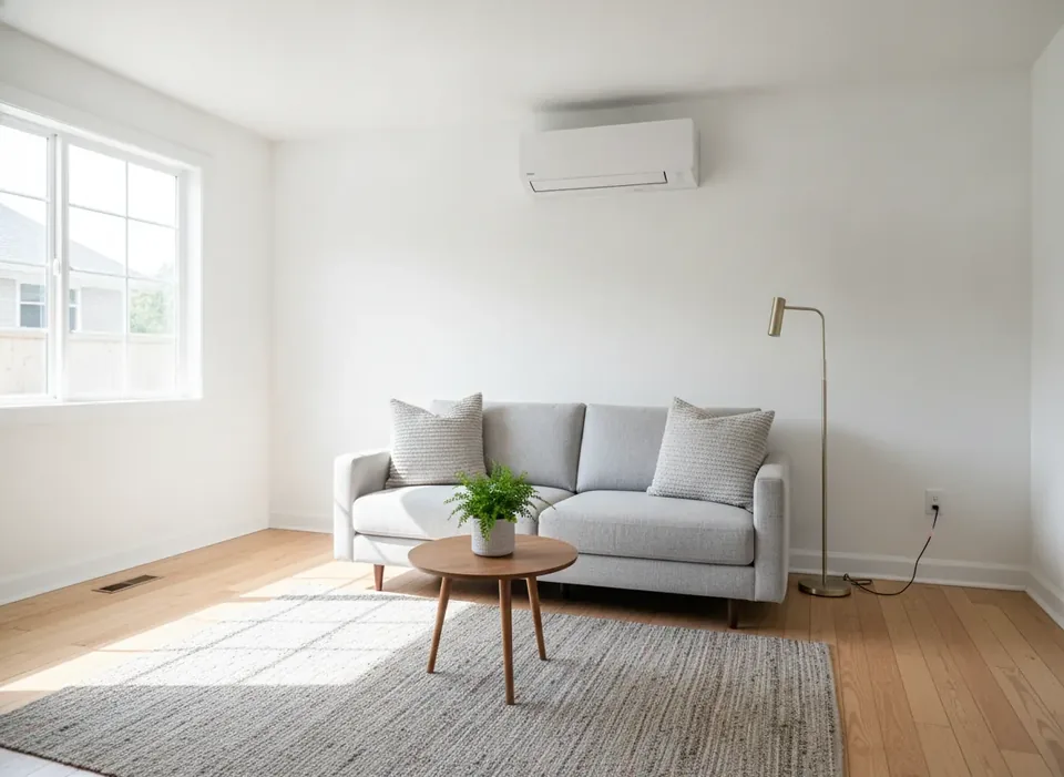 Ductless mini split indoor unit on a bedroom wall